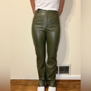 Missguided Khaki Faux Leather Split Hem Straight Leg Trousers